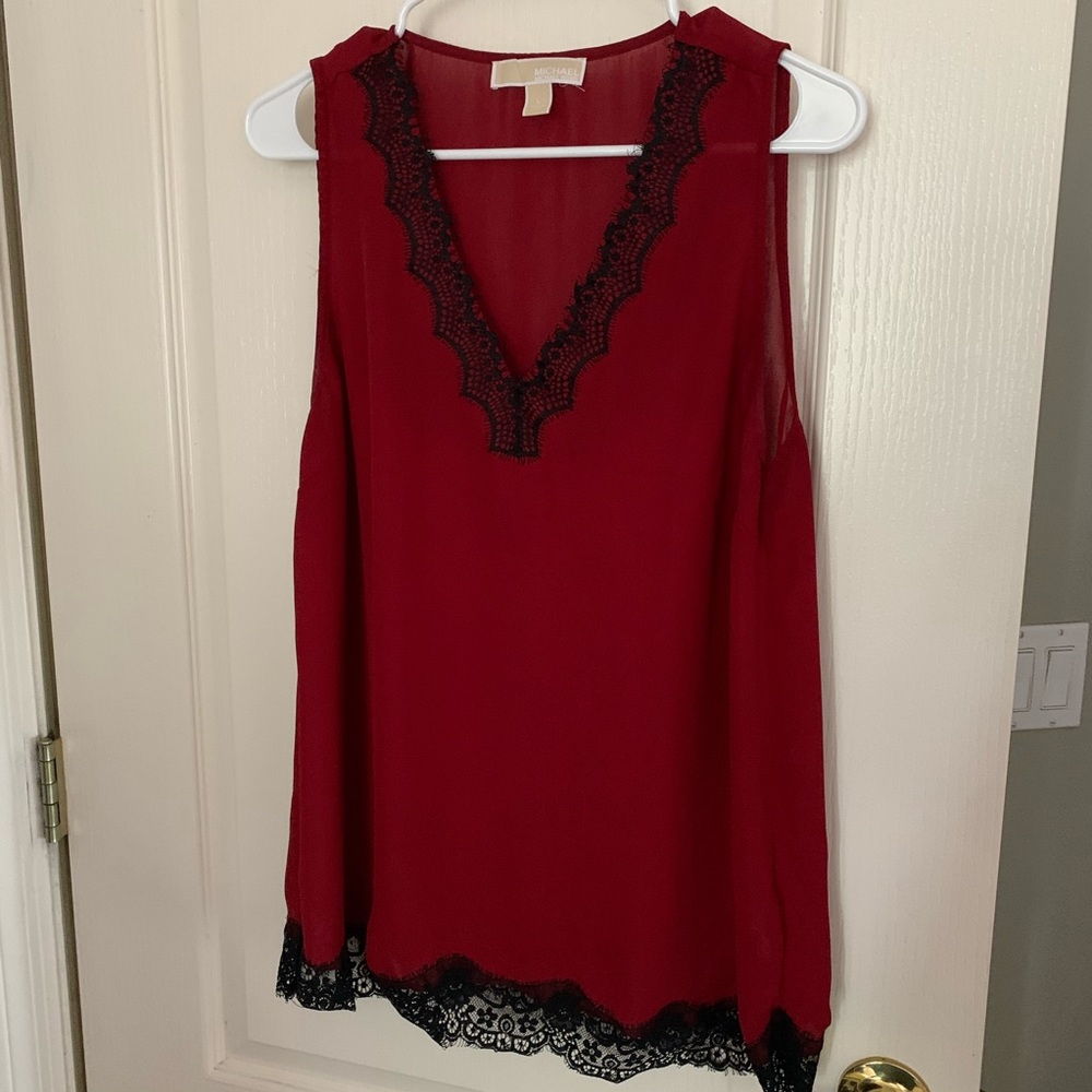 Michael Kors Red V-Neck Tank Top with Lace